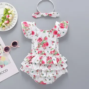 

Baby Girls Floral Print Rompers Set Fly Sleeve Summer Newborn Bodysuit Jumpsuit With Headband 2Pcs Set Cloths 2019