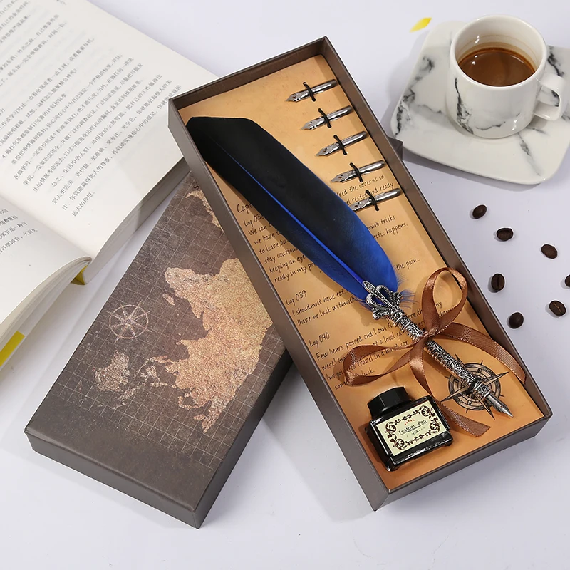 Винтажное красивое гусиное перо ручка Роскошная игра Гарри Поттер ручка классическая ручка каллиграфия перо ручка письмо подарочная коробка - Цвет: Blue