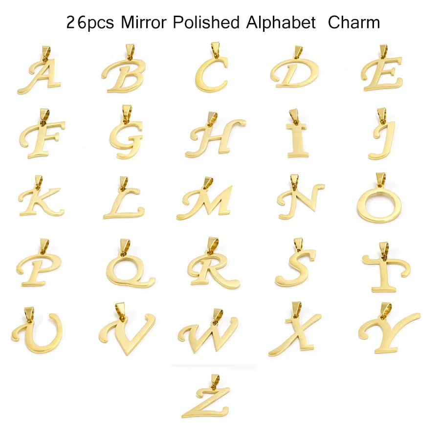 

Gold Stainless Steel 26 English Alphabet Letter Pendants A-Z Alphabet Charms Jewelry Findings Mirror Polished Wholesale 26pcs