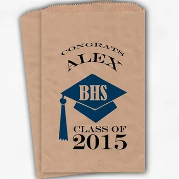 

Custom 2020 Graduation Cap Personalized Candy Buffet Bags - Medium Blue High School Grad Kraft Favor Bags in School Colors