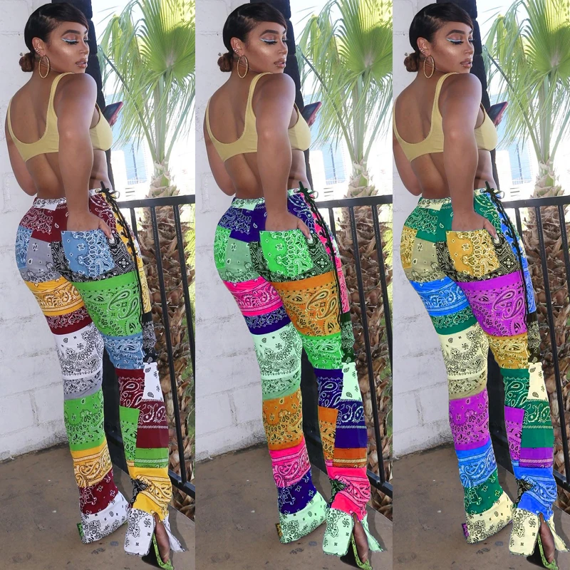 Женские расклешенные брюки клеш с принтом на бретелях|Брюки |