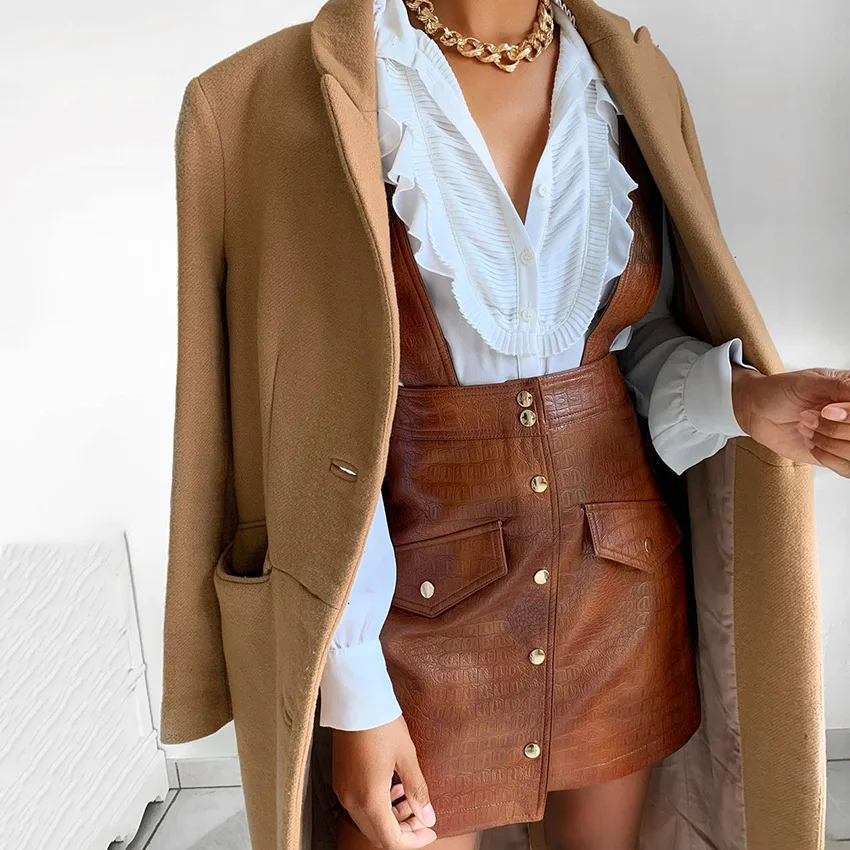

Women Solid PU Fur Faux Leather Retro Mini Skirt Women 2020 Winter Single Breasted Strap Skirt Fashion Ladies A-Line Skirts