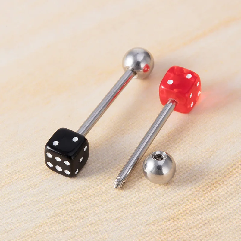 2pcs Good Luck Dice Tongue Ring Surgical Steel Tongue Piercing Barbell Colorful Labret Stud Bar Women Men Body Jewelry 14G piercing jewelry,body jewelry