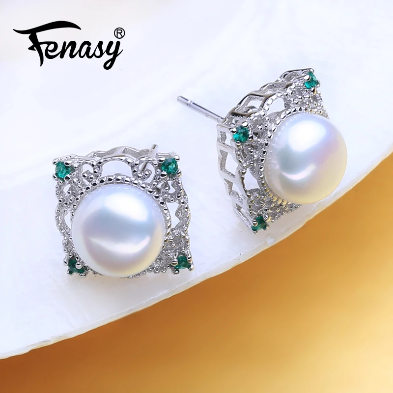 

FENASY 925 Sterling Silver Natural Freshwater Pearl Stud Earrings Engagement jewelry Green Crystal Boho Long Earrings For Women