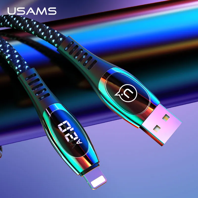 USAMS светодиодный цифровой USB кабель для iPhone XS Max XR X 2A кабель передачи данных для быстрой зарядки нейлоновый плетеный шнур провод для iPhone 8 7 iPad кабель