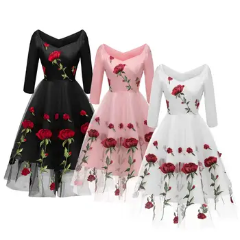 

Fashion Women Lace Embroidery Midi Dress Evening Party Floral Prom Gown Formal Long Sleeve Spring Autumn Dress Elegant Dresses