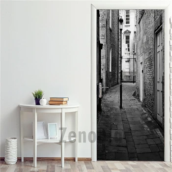 

Black And White City 3D Door Sticker Modular Printing PVC Waterproof Mural Self Adhesive Decal Door Decoration Home Design