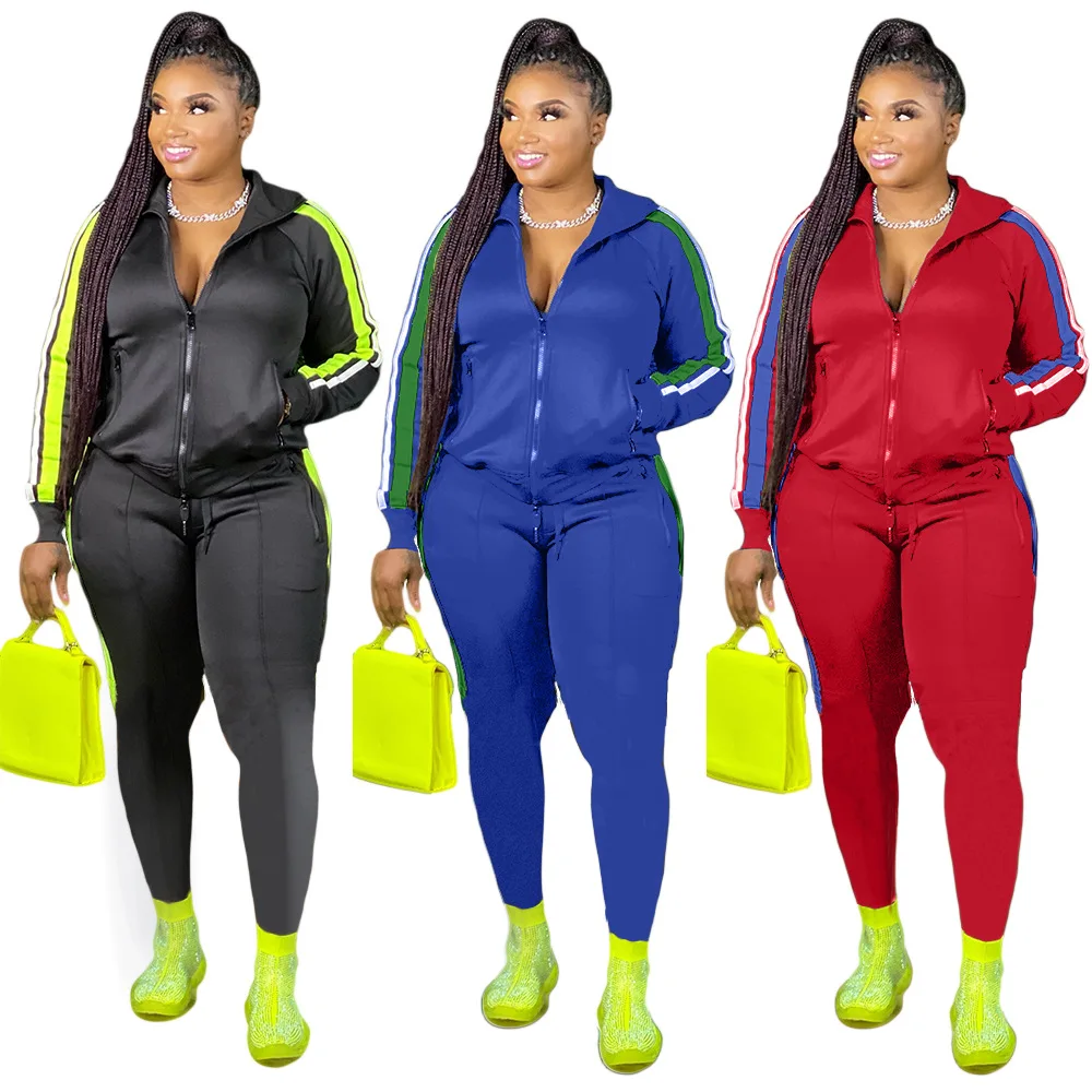 

Patchwork Casual Suit 2020 Autumn New Solid Color Zip-up Jacket Pants Two-Piece European and American Fashion Women's Clothing