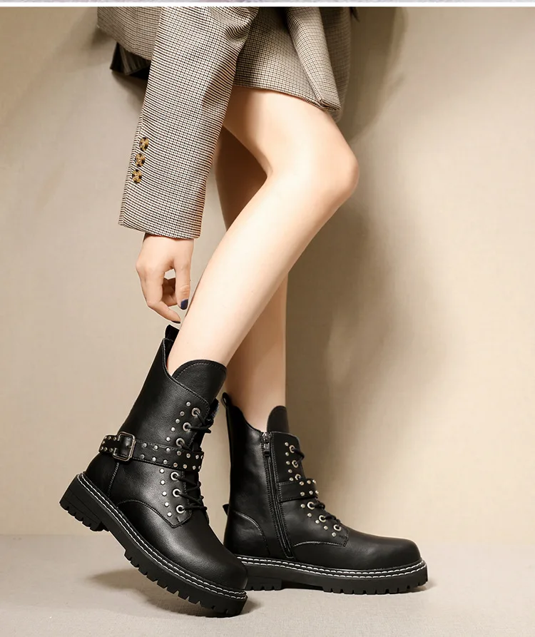 winter new Martin boots women fashion simple solid color punk style leather comfortable rivet decorative casual motorcycle