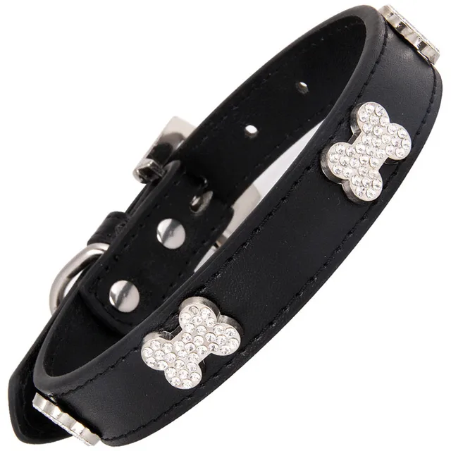 Cats Dogs Collar Leather Adjustable Decoration Bling Dog Bone Pendant Necklace Pet Collar with Rhinestones Pet Accessories Stuff 2