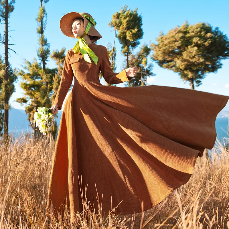 Will the new women cultivate one's morality show thin big skirt of tall waist corduroy dresses