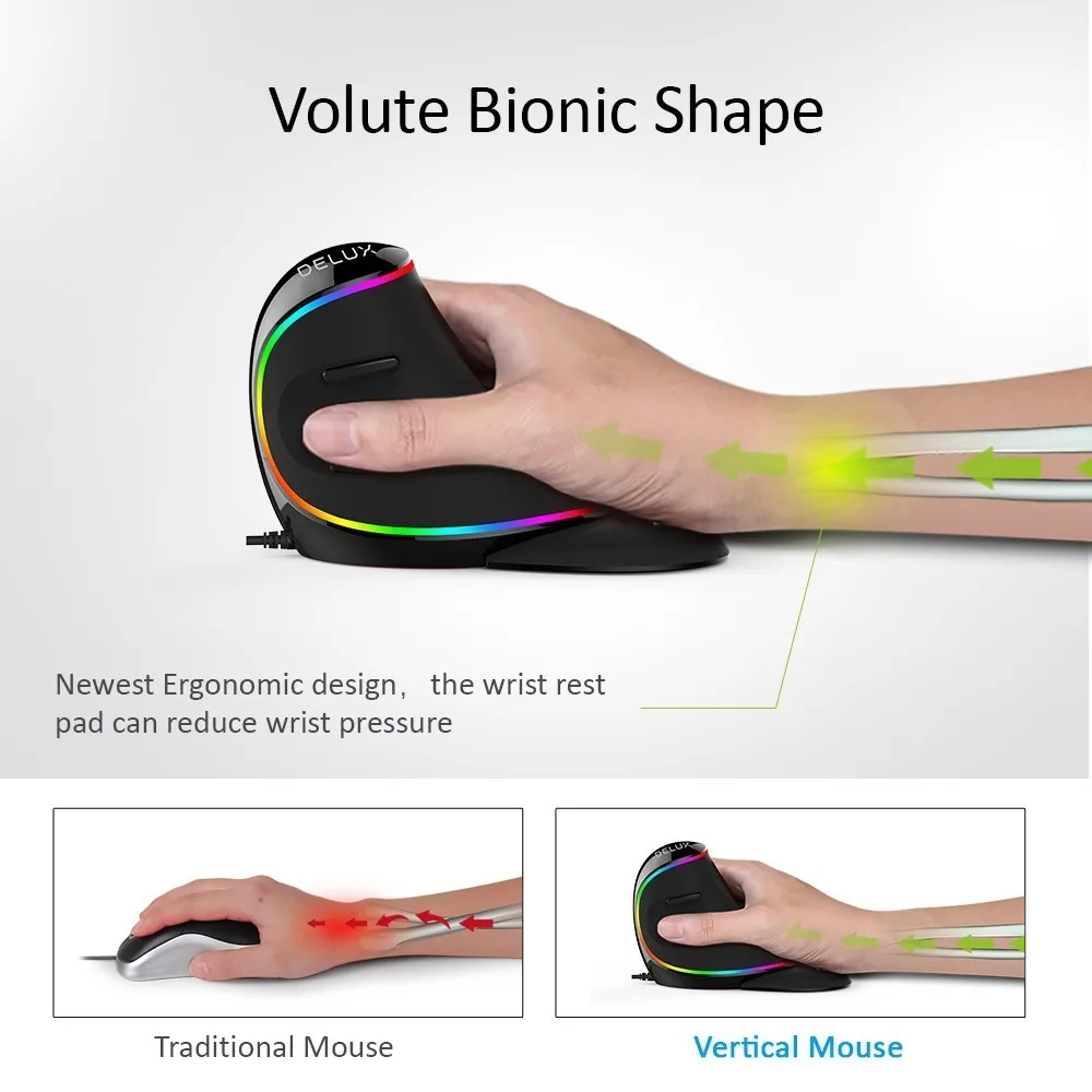 Além de Rato Direita para pc Delux Vertical Ergonômico Dpi 6 Botões Usb Óptico Wired Gaming Mause Gamer Rgb Mouse Mão M618 1600 - Imagem 3