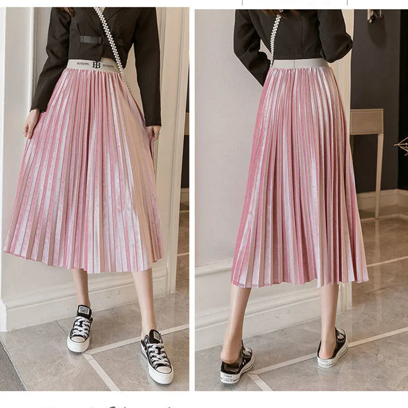Streetwear Fashion High Waist Pleated Skirt Women Autumn Winter Midi Skirt Female Gold Velvet Long Skirt Faldas Mujer Moda
