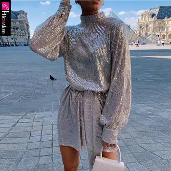 

Women Long Sleeve Sequined Dress Shining Sparkly Sexy & Club Cocktail Elegant Spring Fall Party Vestido