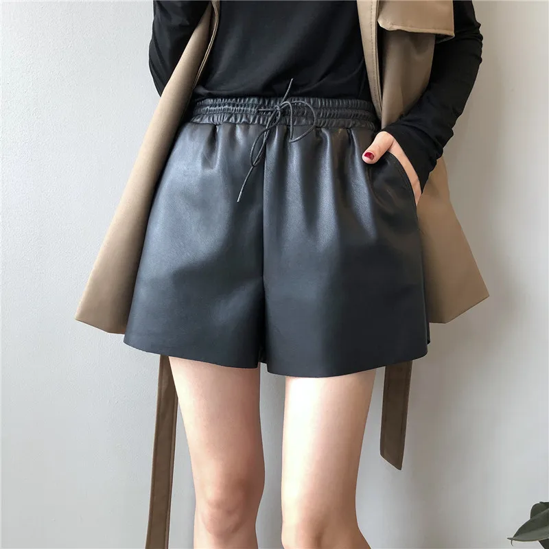MyZyQg Women Retro PU Leather Shorts High Waist Sexy Casual Black Korean Loose Wide Leg Short