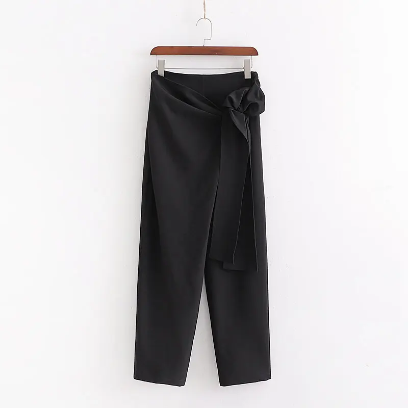 Весенне-осенние черные женские брюки с украшением в виде банта; Изящные однотонные черные брюки с боковой талией на молнии; повседневные шикарные женские брюки; femme