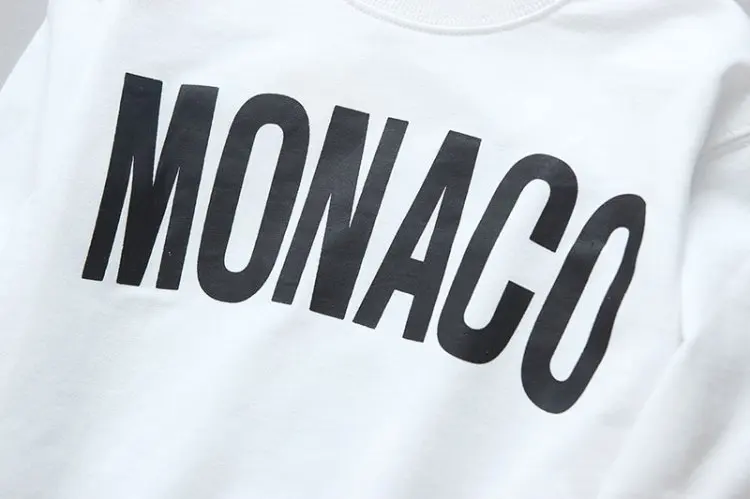 Летняя футболка с принтом из мультфильма «MONACO» для маленьких мальчиков; футболки для маленьких мальчиков и девочек; хлопковые топы с надписями для малышей