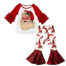 Лидер продаж, Рождественский комплект для девочек 3/4 года с рукавами и складками, модный детский комплект, расклешенные брюки, Блестящие Брюки с блестками, самые популярные комплекты