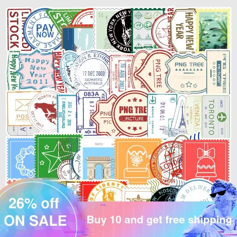 

50PCS Transparent Retro Postmark Stickers for Wall Decor Fridge Bike Laptop Car Scrapbooking Bullet Journal Sticker No Repeat