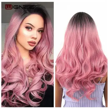 

Wignee Long 2 Tone Ombre Pink Wavy Heat Resistant Synthetic Wigs For Women Glueless Wavy Daily Glueless Natural Fake Hair Wigs