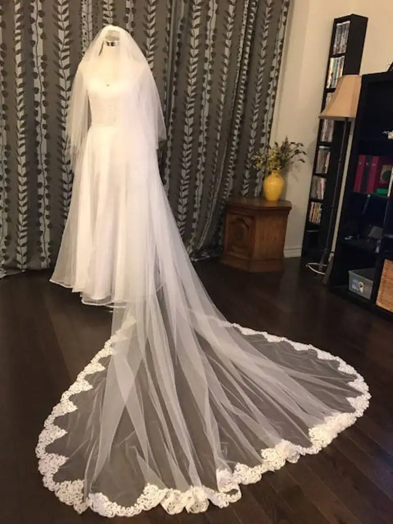 2 слоя кружева завесу полнота 10" W собор Длина 118" L кружевная свадебная вуаль короткая фата с косточкой высокого качества ручной работы, цвет белый, слоновой кости;