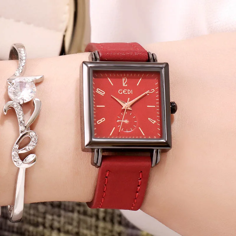 GEDI Top Brand Square Women Watch Contracted Leather Strap WristWatch Women Dress Ladies Quartz Clock Relogios Femininos - Цвет: Red
