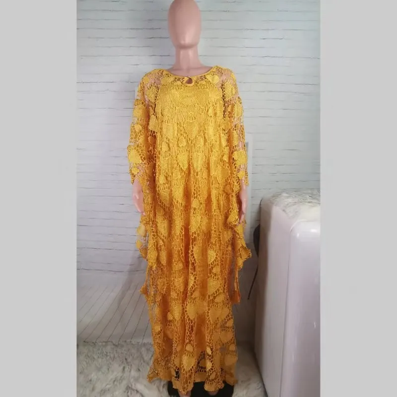 Стиль африканская Женская Дашики чистая ткань кружева золотая нить Свободное длинное платье свободный размер+ внутри 2 шт