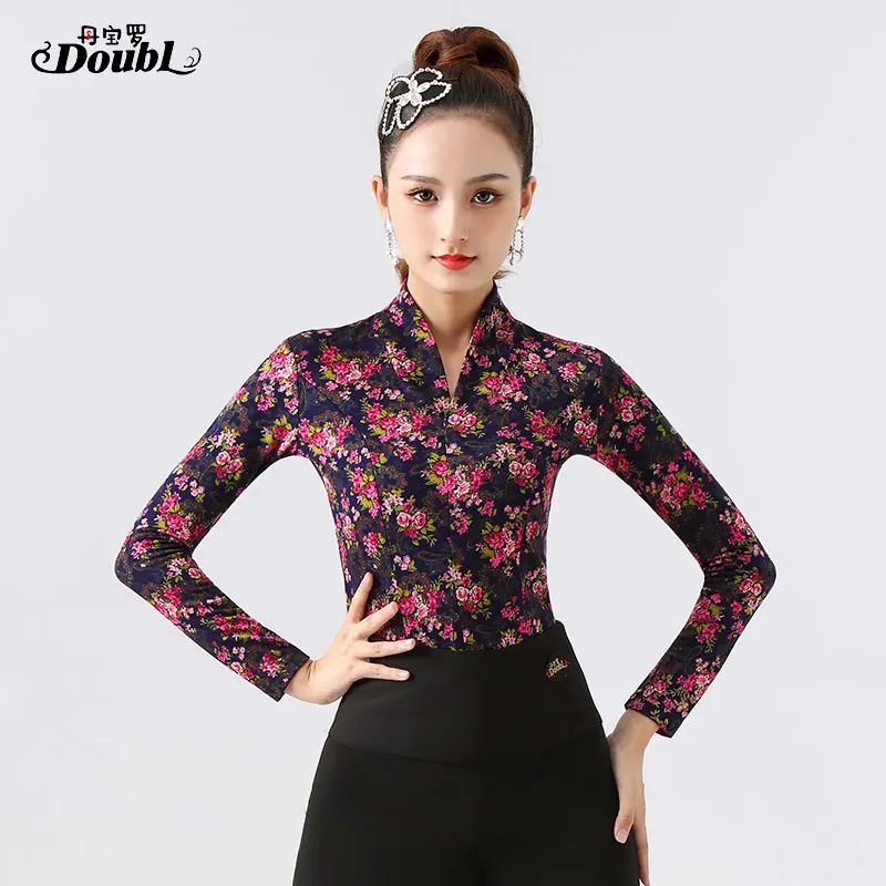 DOUBL Modern Dance Top Women's Long Sleeve Dance Social Dance National Standard Dance T Shirt Spring Printing Workout Traning