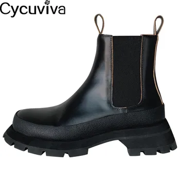 

Thick Bottom Black Leather Woman Boots British Style Flat Knight Boots Round Toe Motorcycle Boots For Women