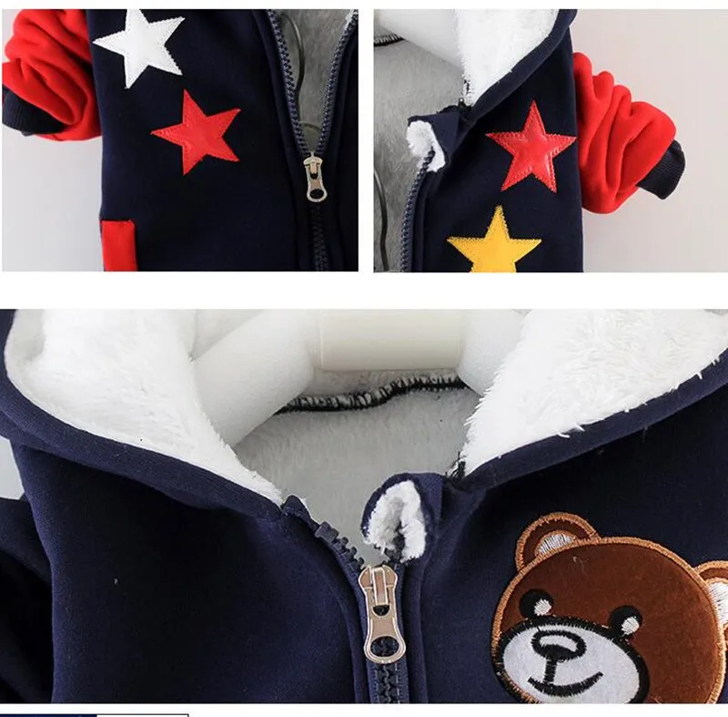 Winter baby clothes plus velvet thick two-piece suit boys and girls toddlers warm cartoon bear hooded jacket pants baby suit new baby clothing set	