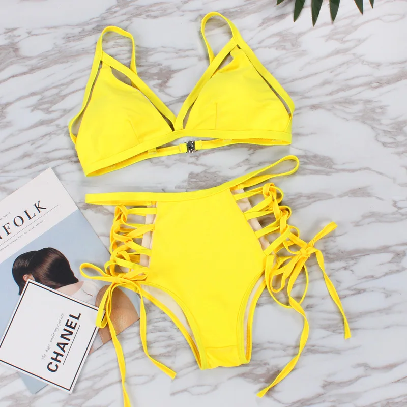 2019 Vintage Neon Yellow Bikini Set Sexy Swimsuit Women Swimwear High 