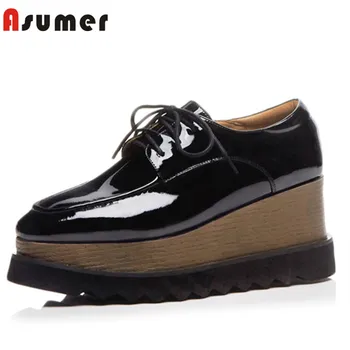 

ASUMER 2020 newest patent leather women pumps square toe spring summer wedges platform shoes fashion cool casual shoes woman