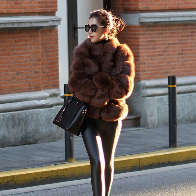 Зимняя женская куртка высокого качества, пальто из искусственного меха, толстое теплое пушистое меховое пальто, новая уличная одежда, стоячий воротник, длинный рукав WLP548 - Цвет: brown