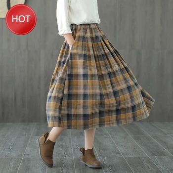 

Elastic waist A-Line skirt mori girl Vintage England plaid