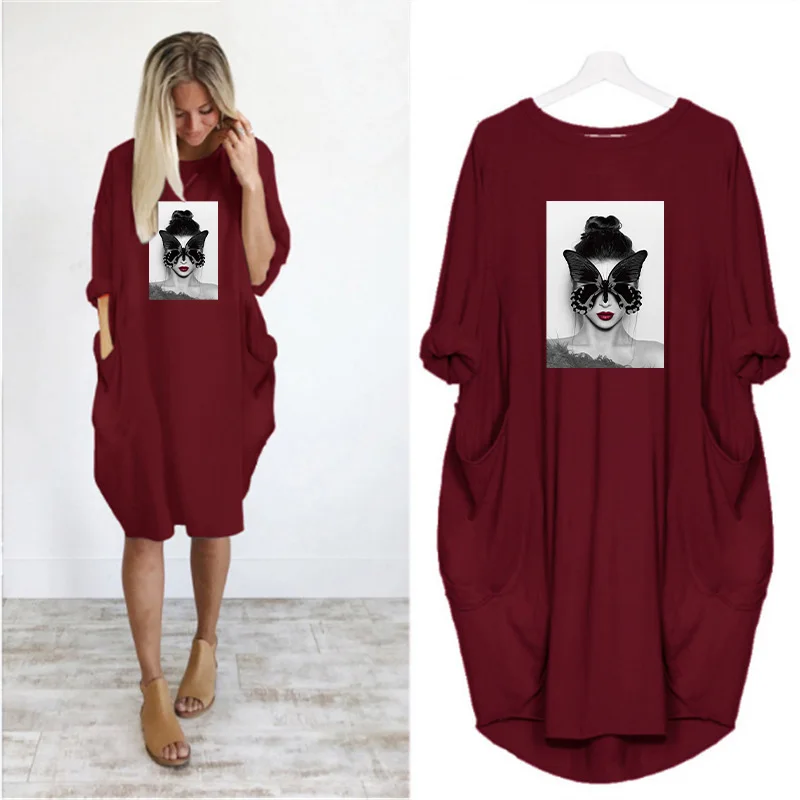 Plus Size Nordic Art Dress Butterfly Girl Cool Women Midi Dresses O-Neck Autumn Thin Long Sleeve Pockets Loose Party Vestidos