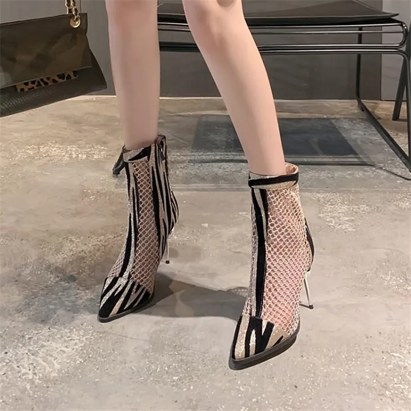 2020 Summer Zebra Print Ankle Boots For Woman Lace Mesh Hollow Cutout Lady Shoes Boots Rhinestones High Heel Sandals Big Size 50 (18)