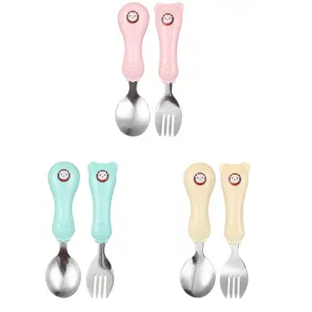 

Kidlove 2Pcs/Set Cartoon Baby Safety Stainless Steel Fork Spoon Set Kids Feeding Tableware