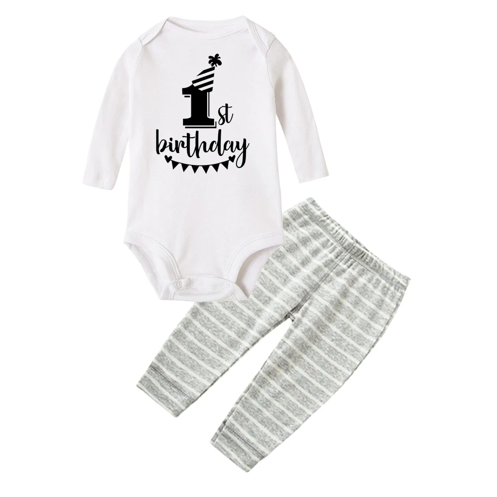Новое поступление года, хлопковая забавная одежда с надписью «My First Birthday» для новорожденных мальчиков и девочек Комбинезон+ штаны комплект из 2 предметов, Детские комплекты одежды для новорожденных - Цвет: R148-LPPWHGY-