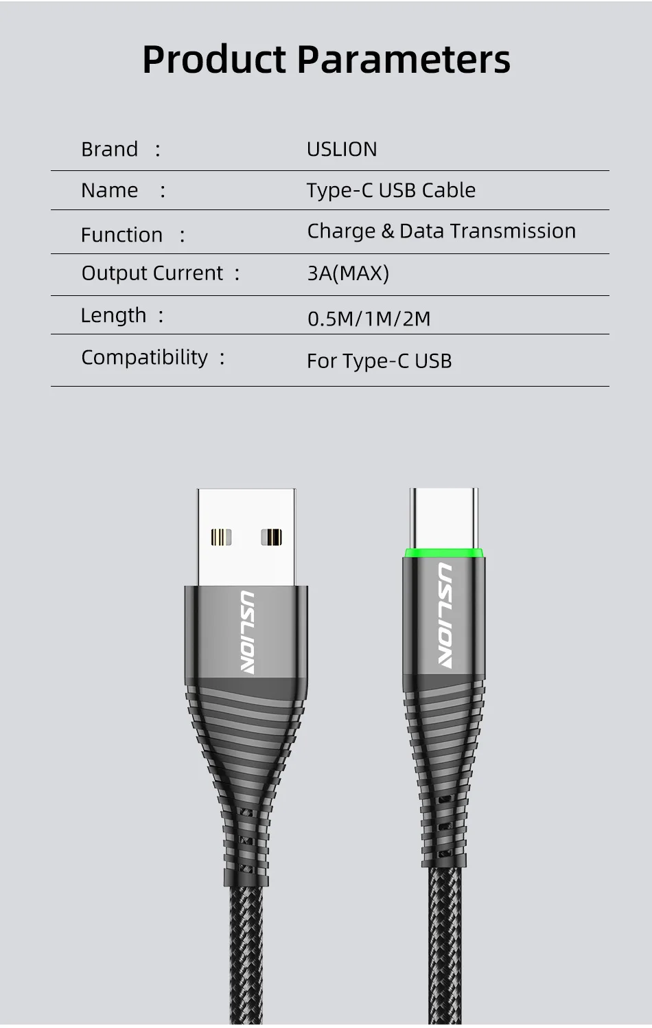 USLION 0,5 m/1 m/2 m светодиодный 3A usb type C кабель для быстрой зарядки для samsung Galaxy Xiaomi huawei Note 7 кабель для USB-C данных Шнур для зарядного устройства