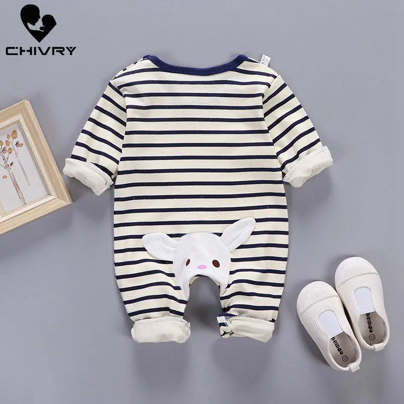 Newborn Baby Boys Girls Rompers Spring Summer Long Sleeve Cute Striped Cartoon Print Jumpsuit Toddler Playsuit Infant Clothing