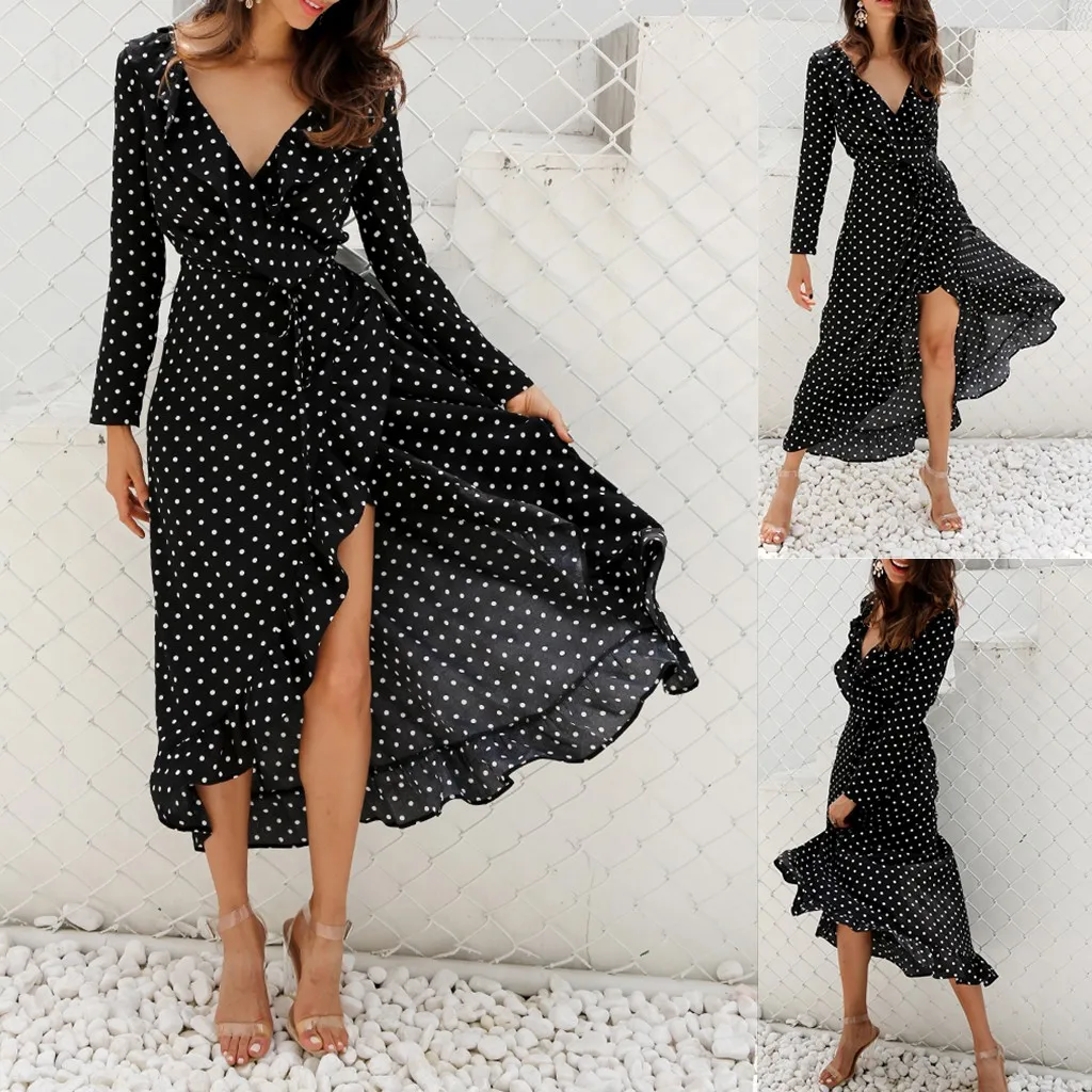 

Dress Women Elegant Ruffles Irregular Polka Dots Printed Dark V Neck Long Sleeve Dress Holiday Couple Dating Ladies Dresses