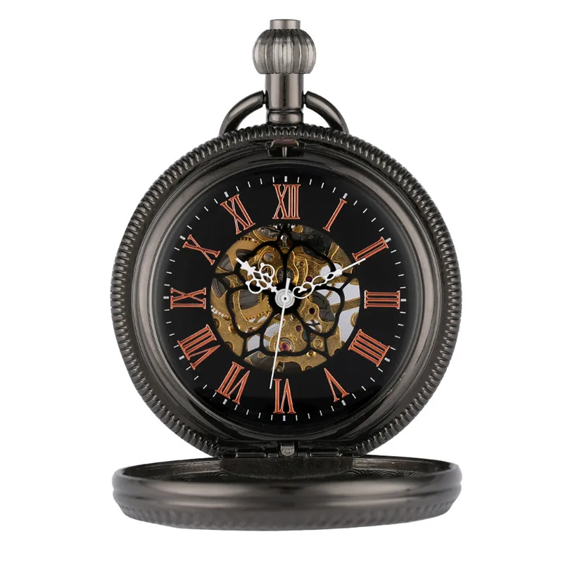 Mens Vintage Mechanical Pocket Watch Steampunk Hand Winding Skeleton Clock Roman Numeral Dial Half Hunter Pendant Chain Gift