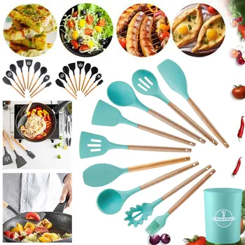 

Silicone Cooking Utensils Антипригарный Non-stick Spatula Shovel Wooden Handle Cooking Tools Set With Storage Box Kitchen Tools