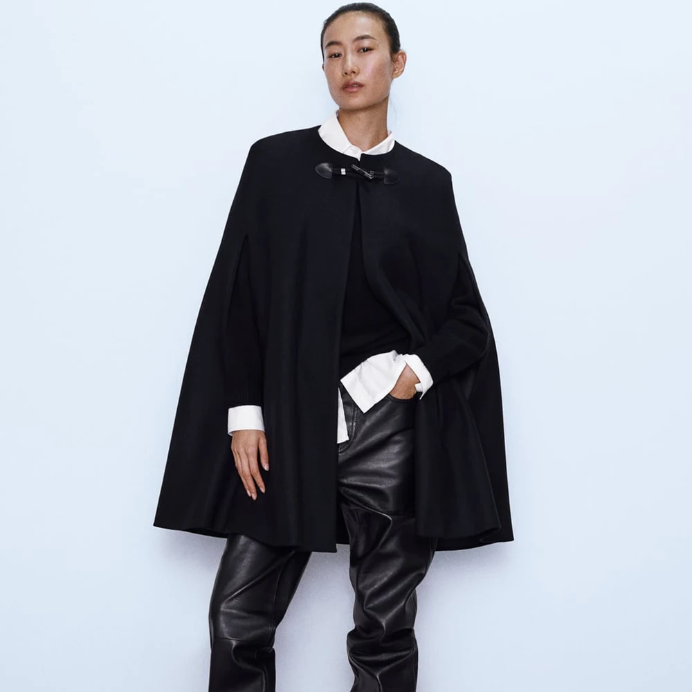 

European and American Trendy ZA Women's Cloak Jacket Round Neck No Cap Sleeveless Pocket Black Unique Fashion Coat