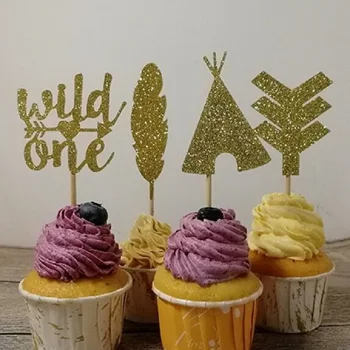 

40pcs Gold Glitter Tribal Boho Cupcake Toppers Wild One Arrow Feather Teepee Children First Birthday Party Decors