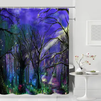 

Fairy Tale Shower Curtains Big Tree River Bath Screen Home Decor Polyester Fabric Waterproof Mildew Proof with 12 Hooks Washable