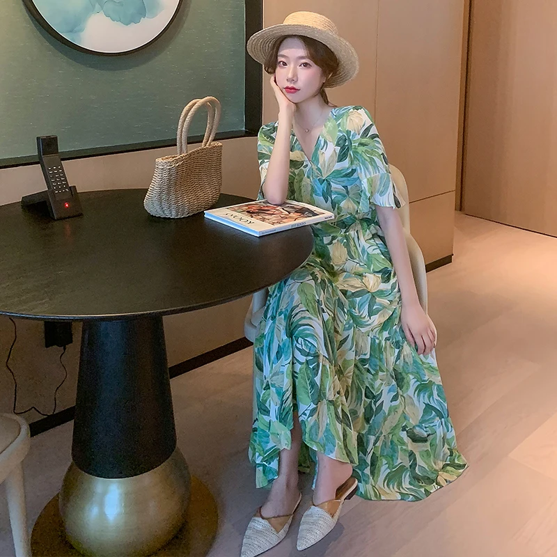Tonglord Women Chiffon Dress 2020 Summer New Female Short Sleeve V-neck Printed Casual Long Dresses Elegant A-line Boho Vestidos