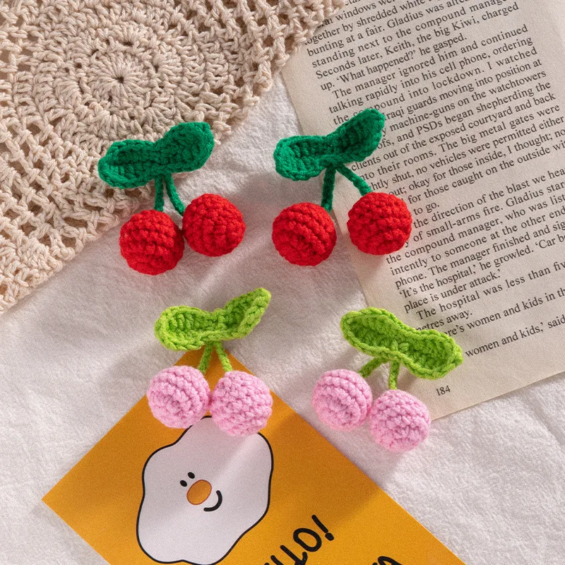 2/5Pcs Cotton Hand-knitted Woolen Green Leaf Red Cherries Crafts DIY Earrings Pendant Hair Hat Bag Key Ring Clothing Accessories jewelry making supplies craft supplies doll handmade accessories key charms pendant