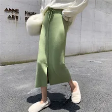 Зеленые вязаные длинные юбки для женщин с разрезом спереди и шнуровкой, повседневная Корейская женская юбка Rok теплая осенне-зимняя женская юбка