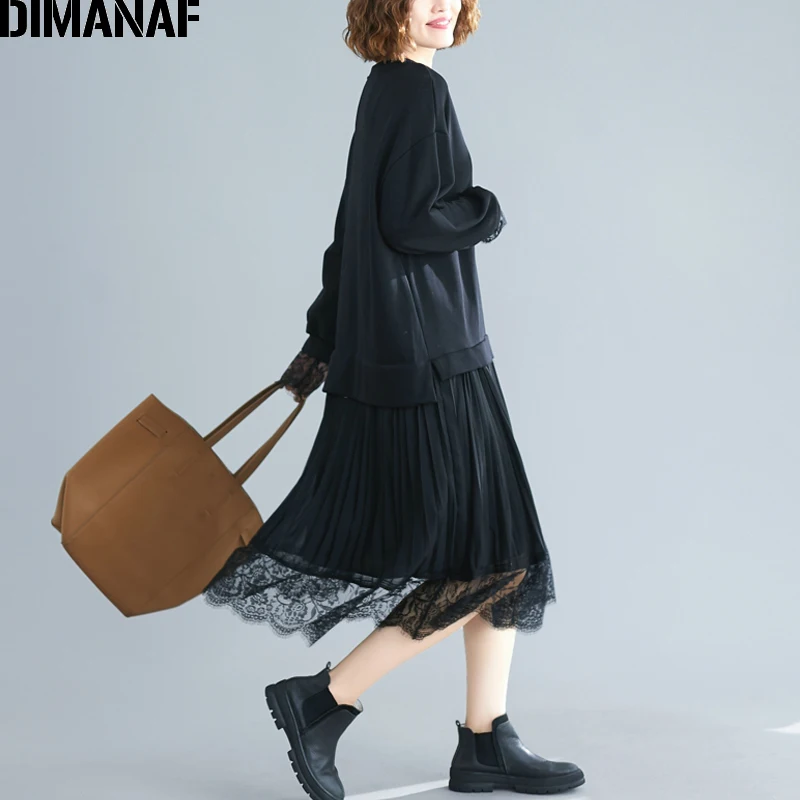 Ceny DIMANAF sukienka damska plus size z długim rękawem bawełna koronkowa, łączona Fashion Lady elegancka Vestidos ubrania damskie plisowana luźne, jesienne